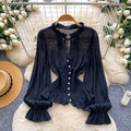 French court style ruffle-trimmed bell sleeve chiffon blouse - women's summer, elegant, and figure-flattering top with tie waist