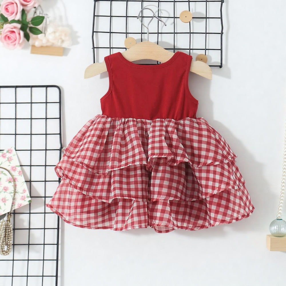 girls' summer sweet princess red plaid patchwork cake vest dress sleeveless princess mesh tutu dress
