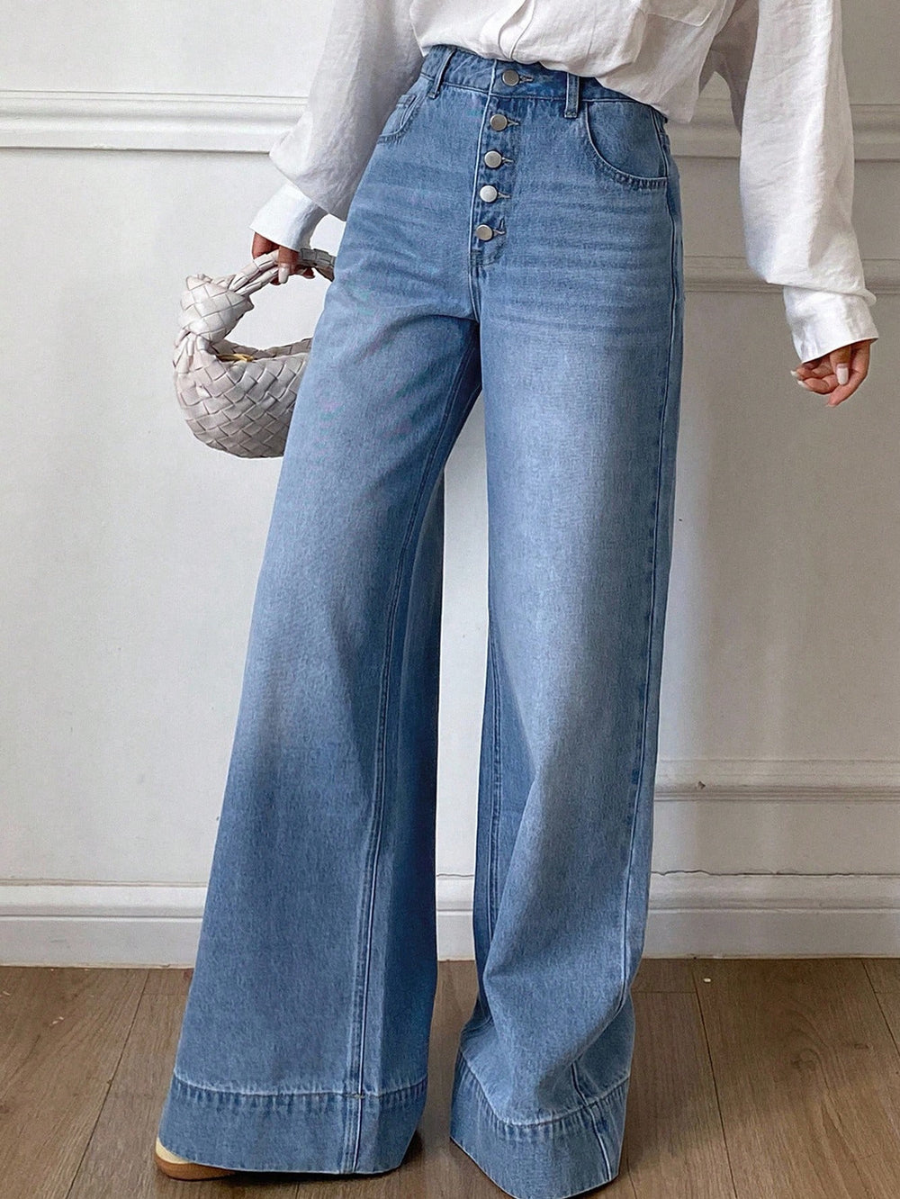 Fashionjeans women's multi-breasted high waist wide leg pants blue washed drapedloosemop denim pants