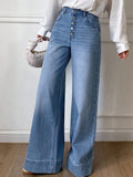 Fashionjeans women's multi-breasted high waist wide leg pants blue washed drapedloosemop denim pants