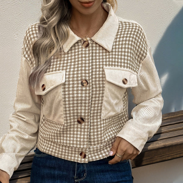 European  2025 new  casual retro lapel short corduroy splicing thousand bird grid women's jacket