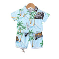 Korean style casual kids' hawaiian beach outfit - retro sports car & coconut tree print, turn-down collar short sleeve top & shorts set