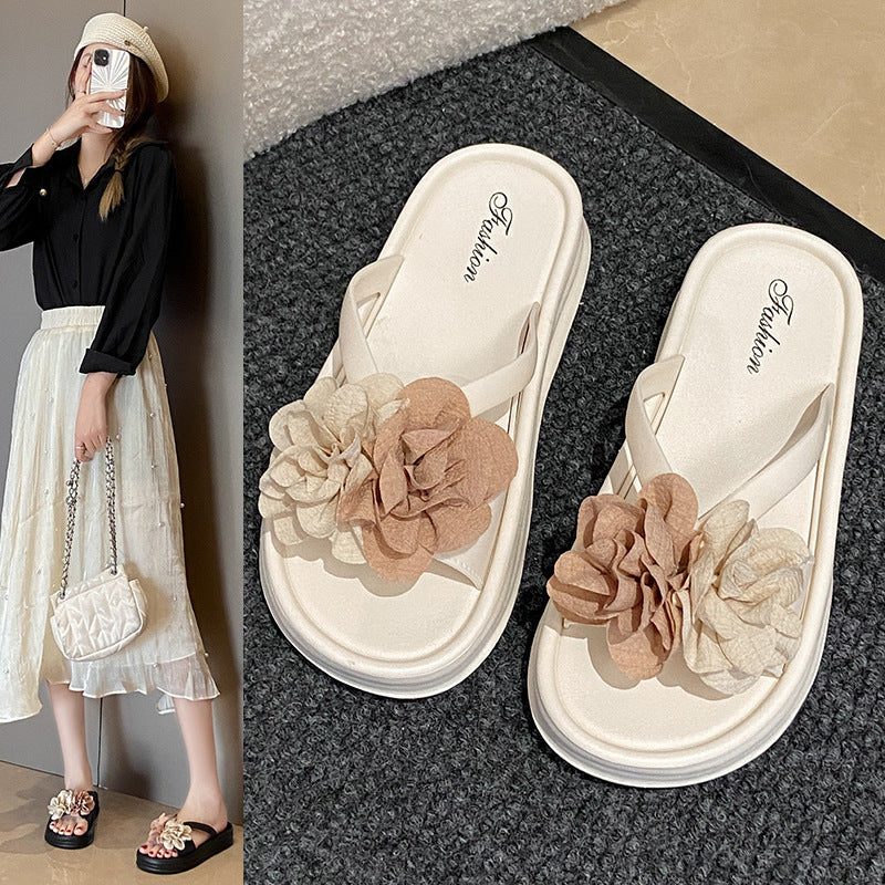 Women's platform slides - two-tone floral design, new summer collection, versatile fashion, flat, non-slip, student style, beach sandals