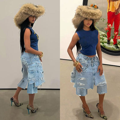 S391453 cross-border export women's casual brushed distressed faux two-piece denim skirt pants - women's capri jeans
