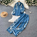 Light mature style printed cardigan wide-leg pants two-piece set for women autumwork clothingcasualslimming lookeasiest for matchsuit