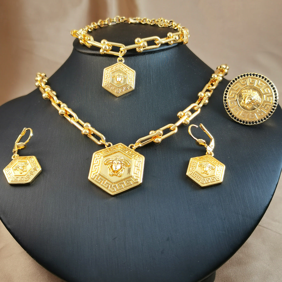 18k gold-plated medusa pattern jewelry set - hexagon pendant necklace, earrings, bracelet, and ring four-piece set