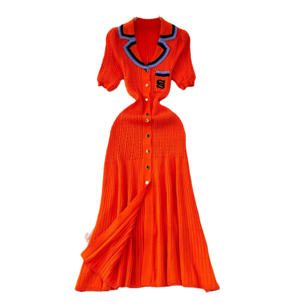 Fall and winter tweed style socialite short-sleeved contrast colorembroider suit collar waist slimming look single-breasted a-line knittingdress