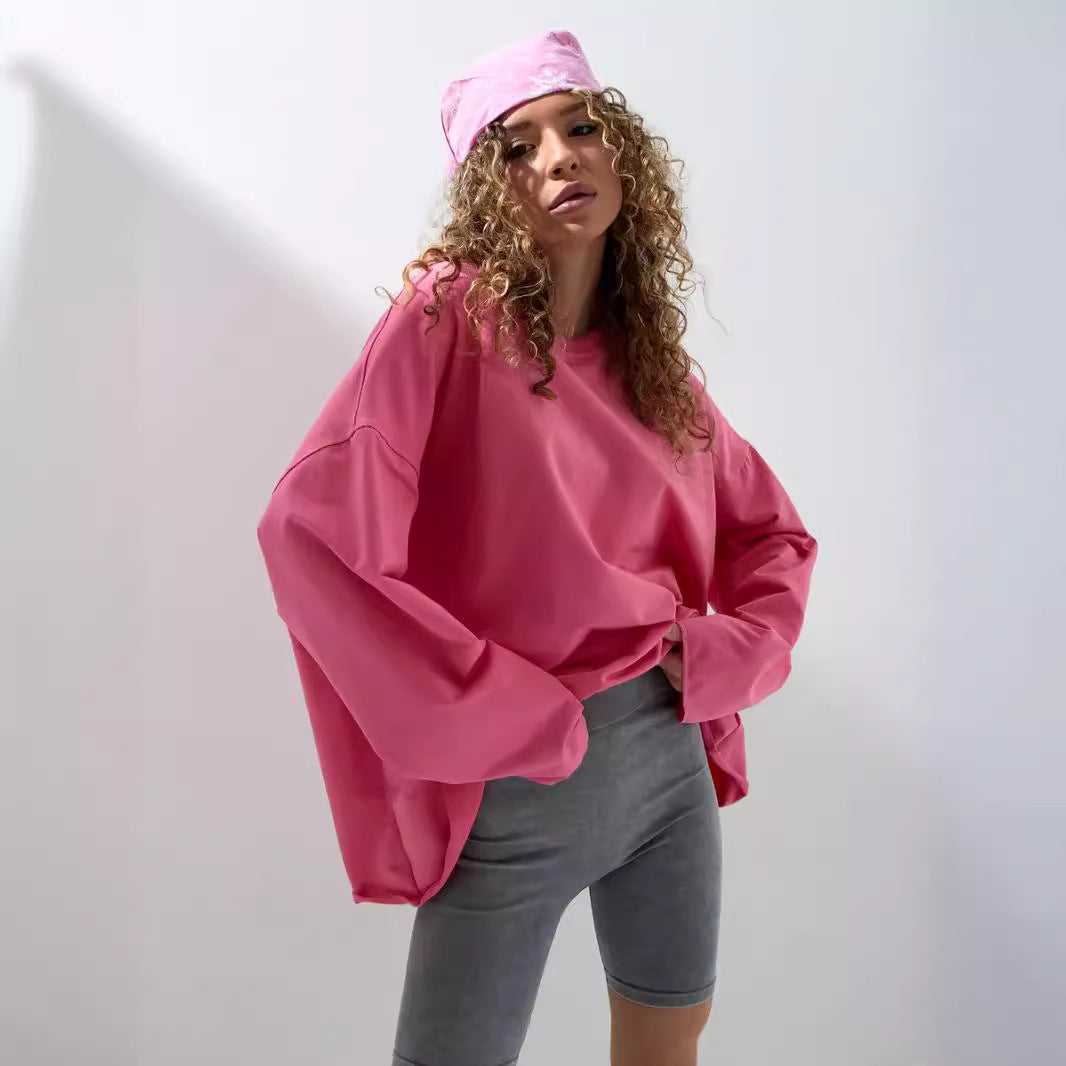 European and American  new women's clothing spring and autumn loose solid color Oversize round neck long-sleeved casual T-shirt fashion sweater women