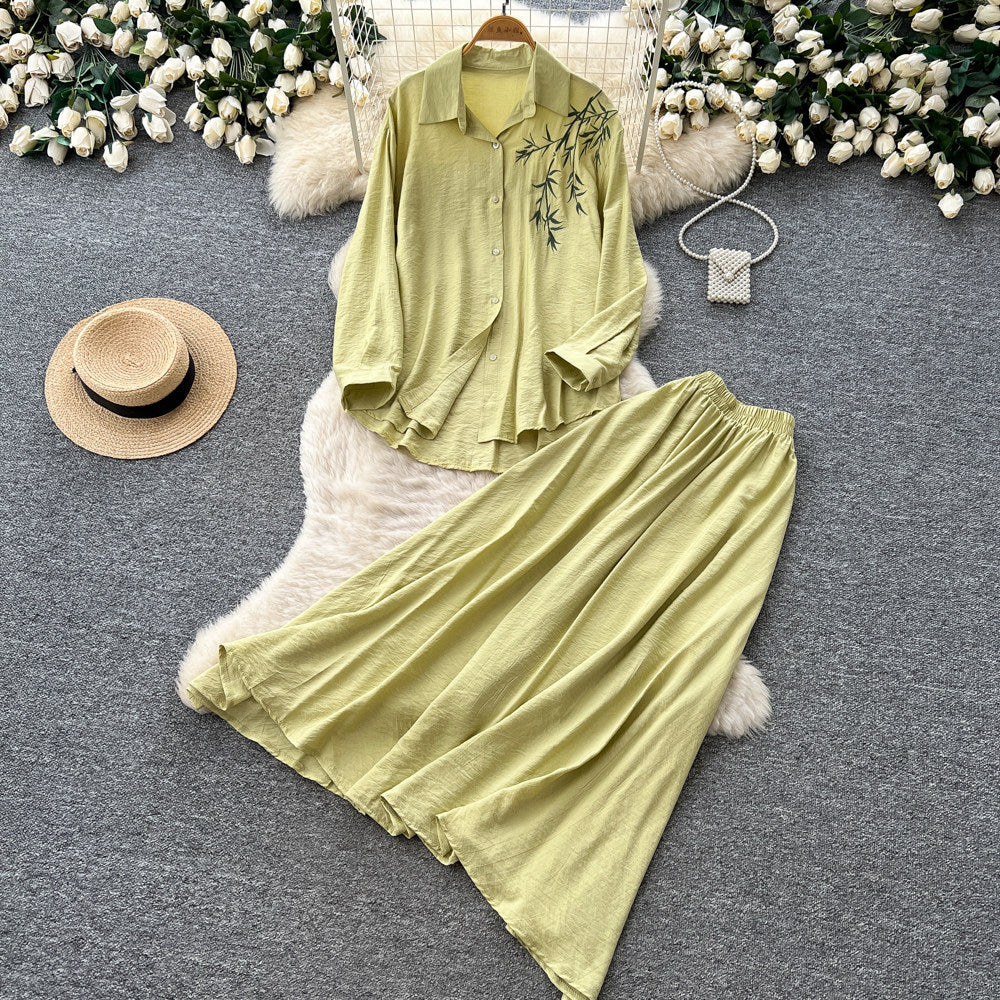 Gentle and lazy style stereo flower embroiderlong sleevesshirt suspender skirttwo-piece setfemaleautumslimming lookelegant