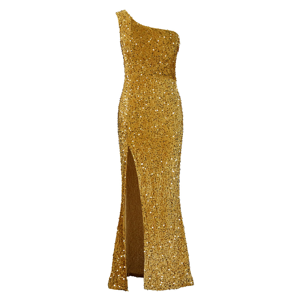 D3288  european and american women's clothing  new fashion one-shoulder sexy slit maxi dress sequin evening gown