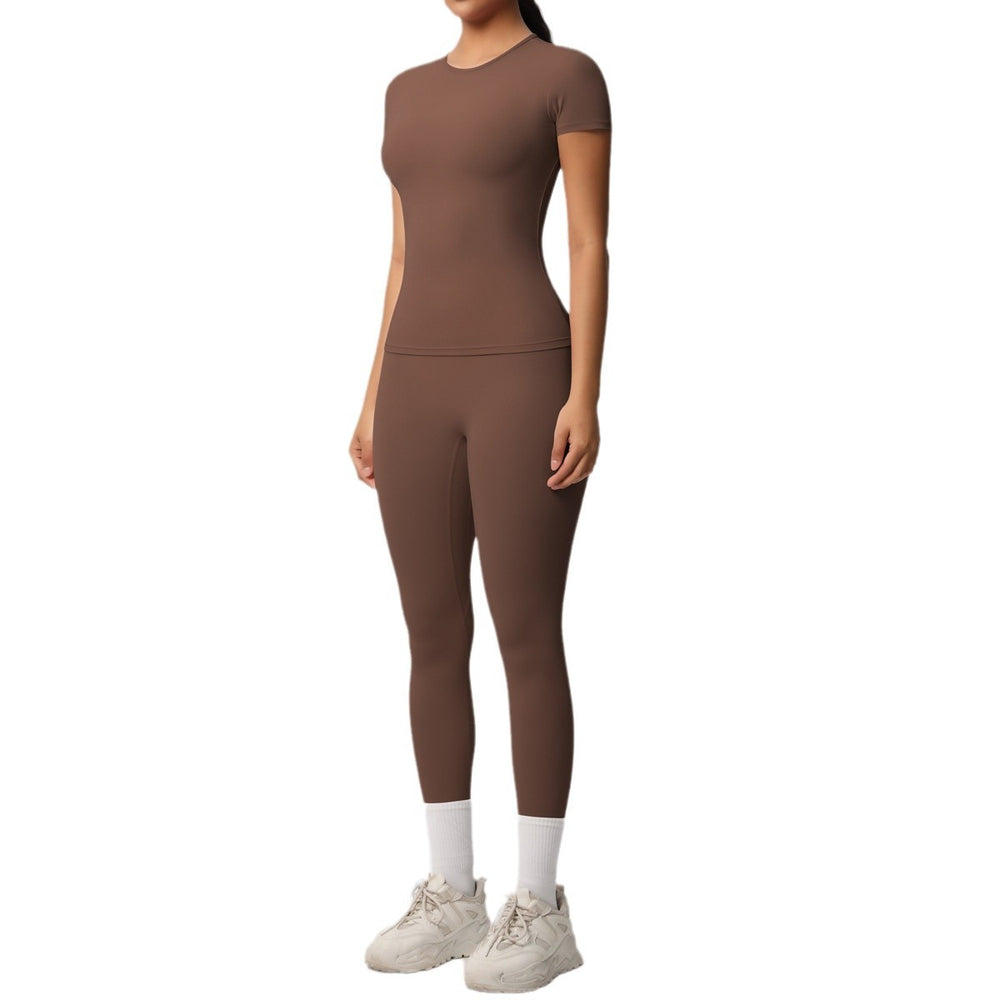 Ready-to-ship, solid color, double-sided brushed, breathable, form-fitting, two-piece activewear set for fitness, running, and yoga