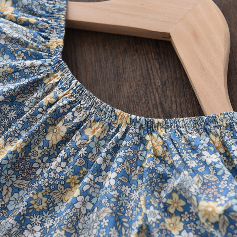 summerk-stylegirl floral skirt square collar puff sleeves back tie backdress children's clothing one piece dropshipping