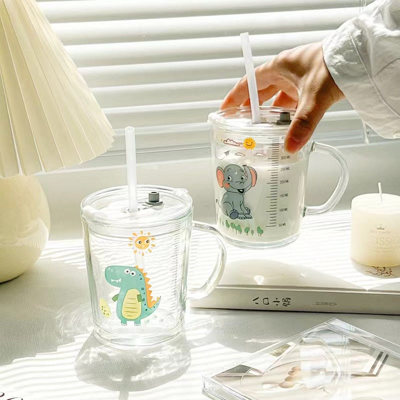 Cartoon milk mug summer glass cup with handle straw cup popular breakfast cup high-value water cup souvenir gift cup