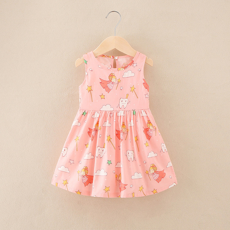 all-cotton a-line dress for girls, spring/summer sleeveless cartoon print princess dress for toddlers and young children