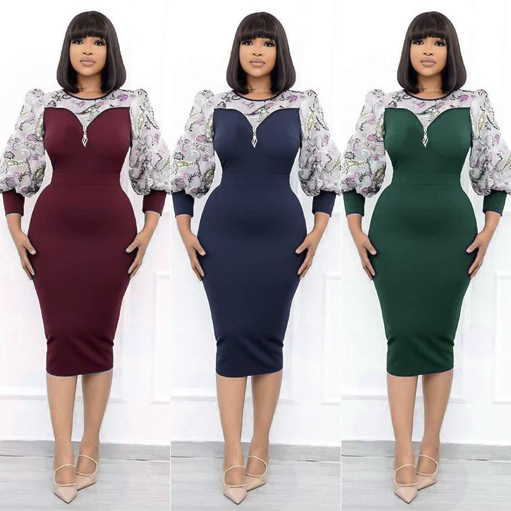Long-sleeved, waist-cinching, midi-length dress,  new style, faux two-piece, spliced pencil skirt, african clothing wholesale