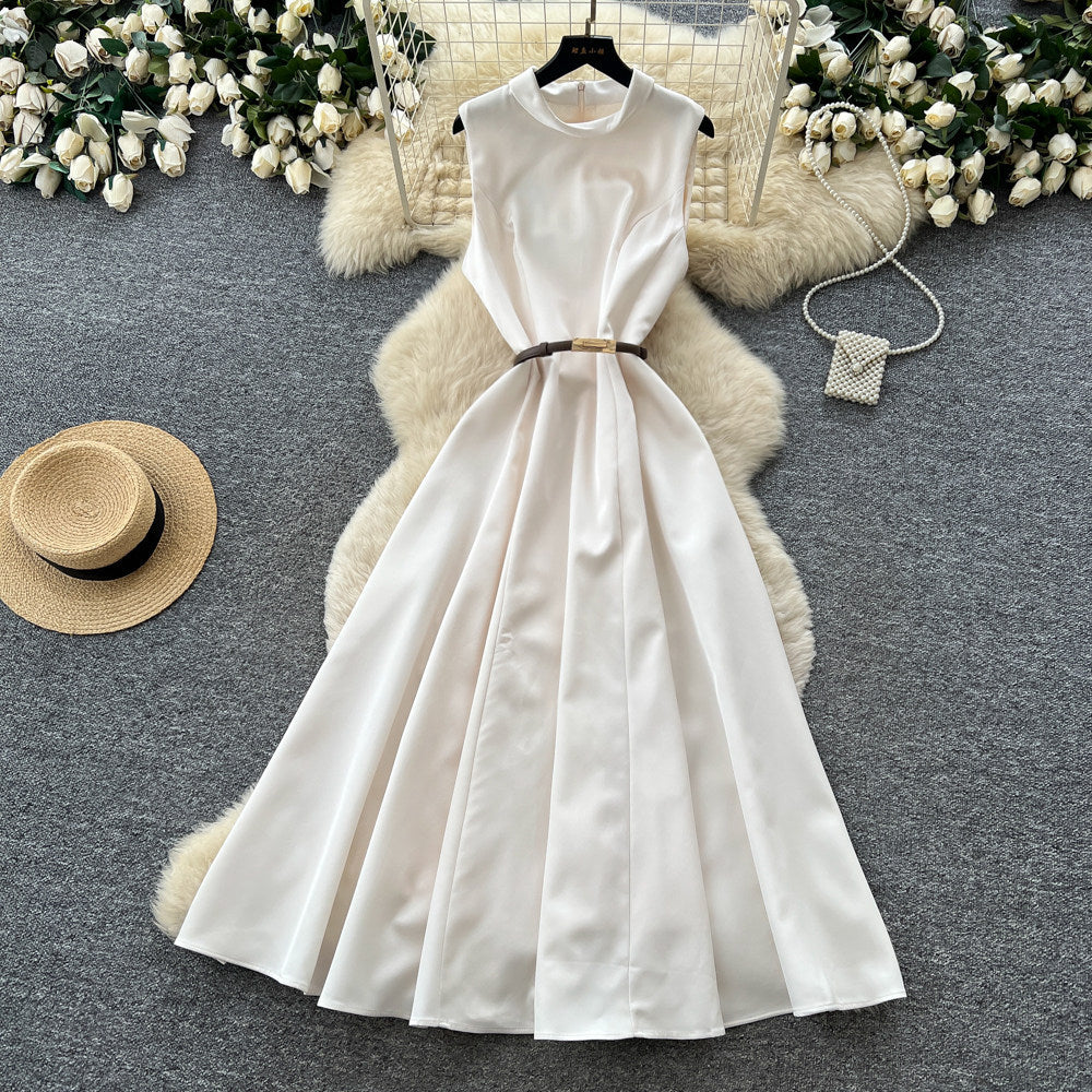 Hepburn style sleeveless dress female summerk-stylewhitehigh waist waist a-line skirt classyeleganceelegant skirt