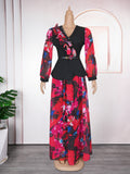 new african plus size women's chiffon printed two-piece v-neck dress set -  cross-border e-commerce