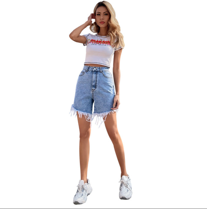 63-30836#  cross-border women's fashion european & american ins style spring/summer slimming frayed wide-leg denim shorts