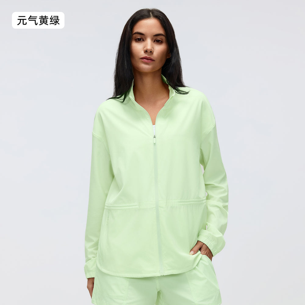 New drawstring waist stand collar jacket top - casual, loose fit, versatile yoga & fitness activewear outerwear d26007