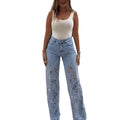 Fashionjeans women's high waistcut outlacepatchwork wide leg pantsexport washed elastic mop pants cross-border