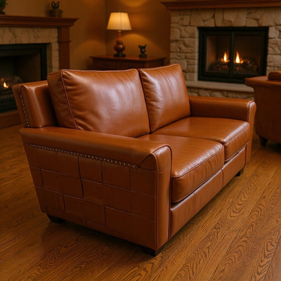 Vintage-style oiled leather checkered sofa, retro leather art sofa, designer living room straight three-seater sofa
