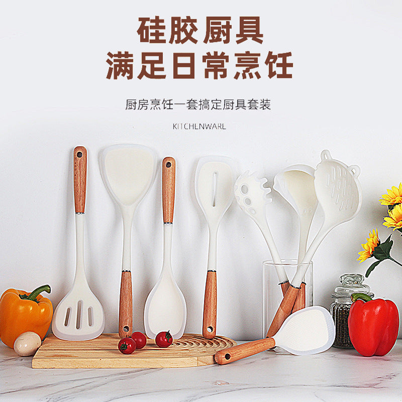 Beech handle transparent white silicone spatula food grade high temperature resistant spoon colander kitchen household cooking spatula set
