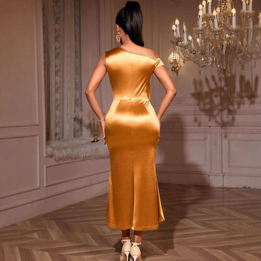 elegance off-the-shoulder satin dress one shoulder stereo flower silm hip party dinner dressdresses