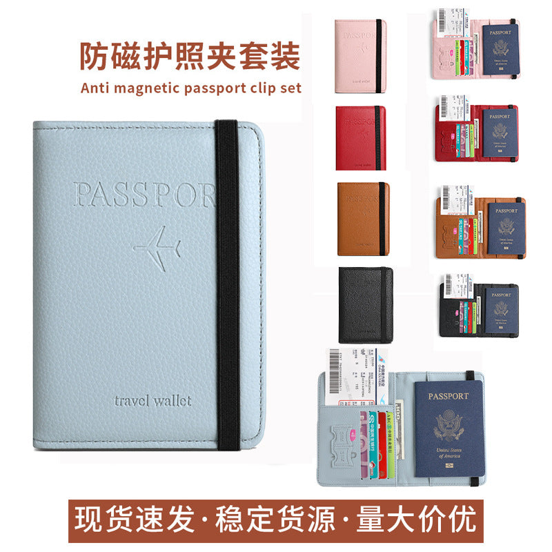 Spot card package  wholesale  RFID anti-magnetic travel PU passport clip luggage tag set passport storage