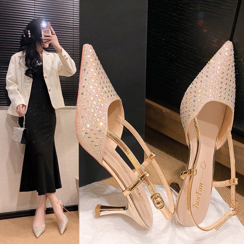 Elegant socialite pointed toe full diamond dress high heel toe sandals 2024 summer new arrival champagne color one strap back hollow thin