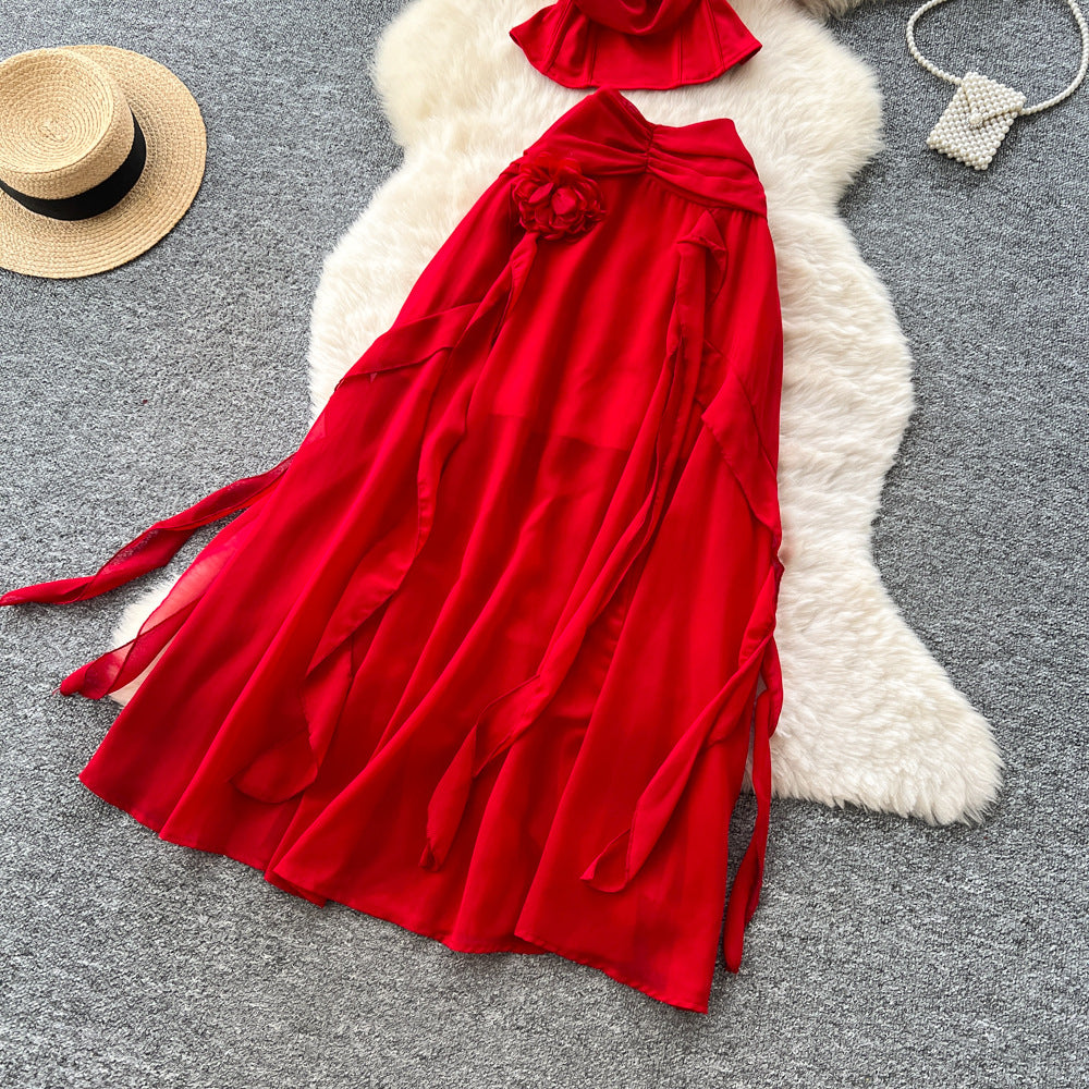 French red 3d floral ribbon two-piece set: women's summer chic slimming tank top and midi skirt commute outfit