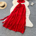 French red 3d floral ribbon two-piece set: women's summer chic slimming tank top and midi skirt commute outfit