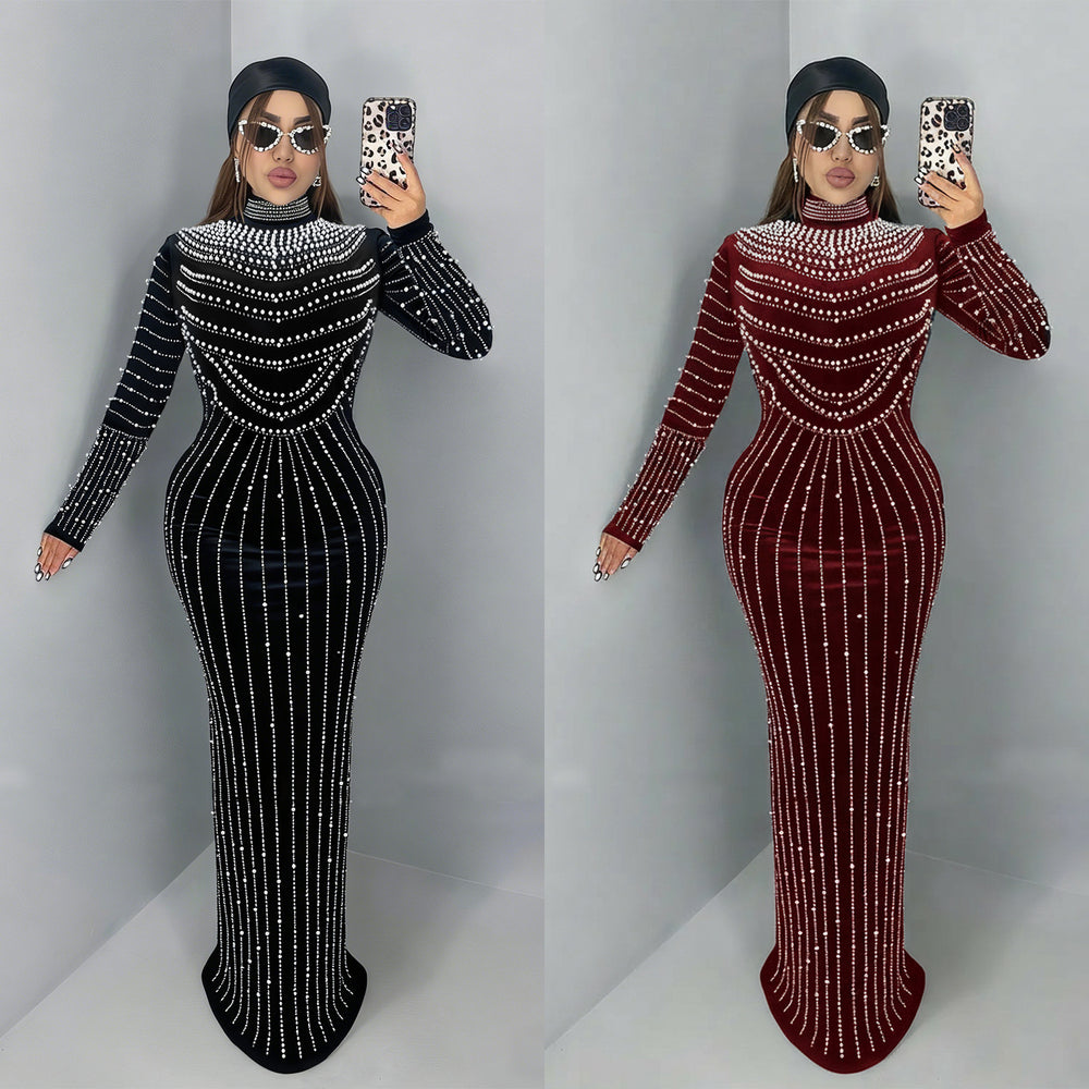 C7617 cross-border   fashion women's elegant velvet rhinestone long sleeve dress