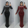 C7617 cross-border   fashion women's elegant velvet rhinestone long sleeve dress