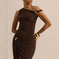 European and american cross-border women's clothing:  summer new arrival - elegant socialite style one-shoulder irregular metallic buckle dress