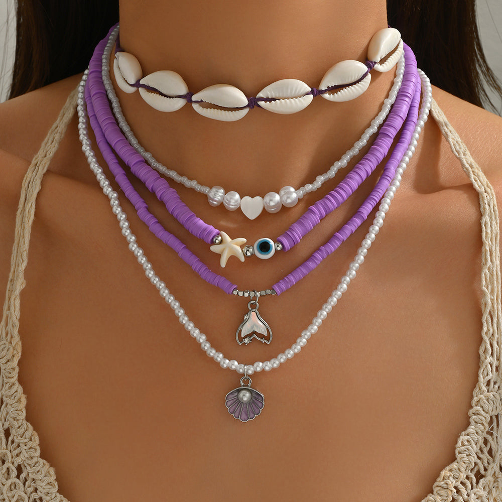 Wholesale beach necklace fashion cross-border accessories women's bohemia soft clay rice beads multi-layered wearing shell clavicle chain