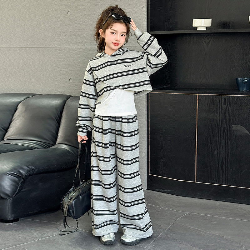 Girls' spring/autumn striped outfit -  new style - trendy hooded sweatshirt and pants set for girls (sizes for mid-to-large children)