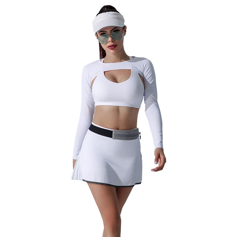 Women's customizable three-piece activewear set: sports bra, running top, and shorts for outdoor fitness, yoga, golf, and tennis