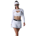 Women's customizable three-piece activewear set: sports bra, running top, and shorts for outdoor fitness, yoga, golf, and tennis
