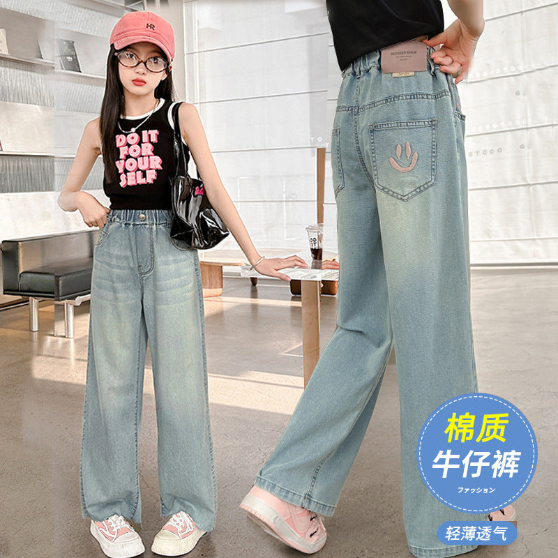 Girls' spring lightweight pants  new style big kids summer straight-leg wide-leg mosquito-proof pants children's tencel denim jeans