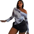 Fashionins cross-border foreign trade wholesale women's long-sleeved new t-shirt tie-dye printing off-shoulder slanted collar asymmetrical hem