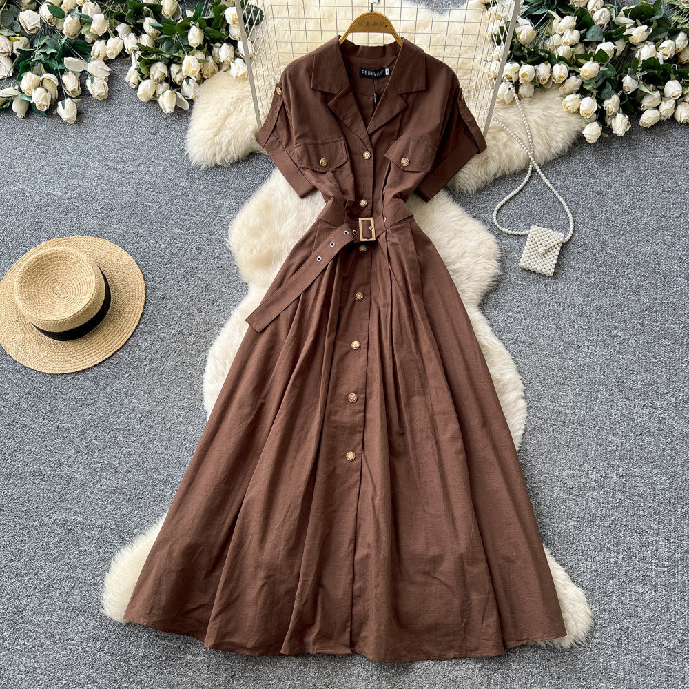 K-stylework clothing style short-sleeved a-line dress female summer light mature style pink waist slimming look light matureelegantelegance
