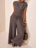Amazon independent station  cross-border women's cross wrap asymmetrical design tops high waistloose pants