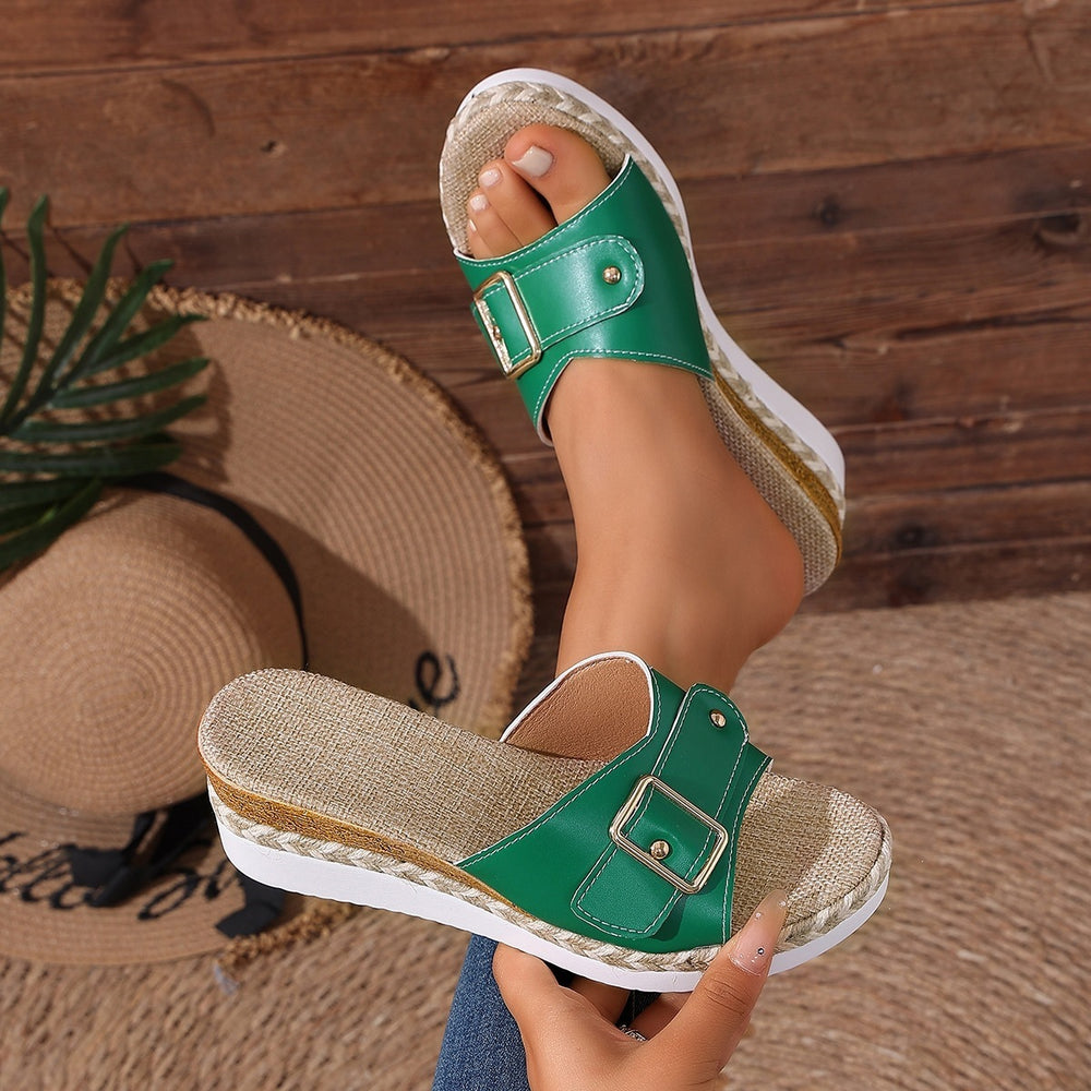 plus size wedge slippers for women  summernew arrival half slippers outwear belt buckle cut out toe lightweight sandals