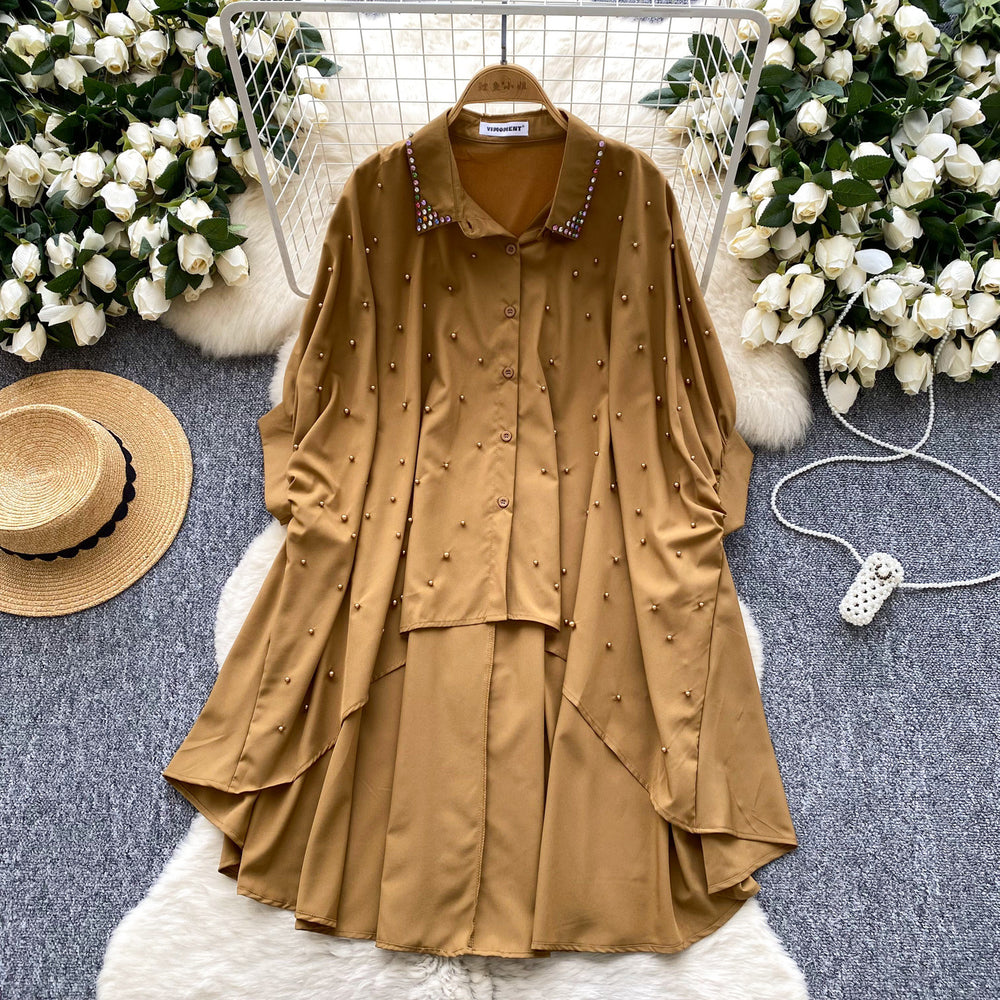 European and american design irregular shirt for women, rhinestone and beaded single-breasted batwing sleeve loose fit mid-length top