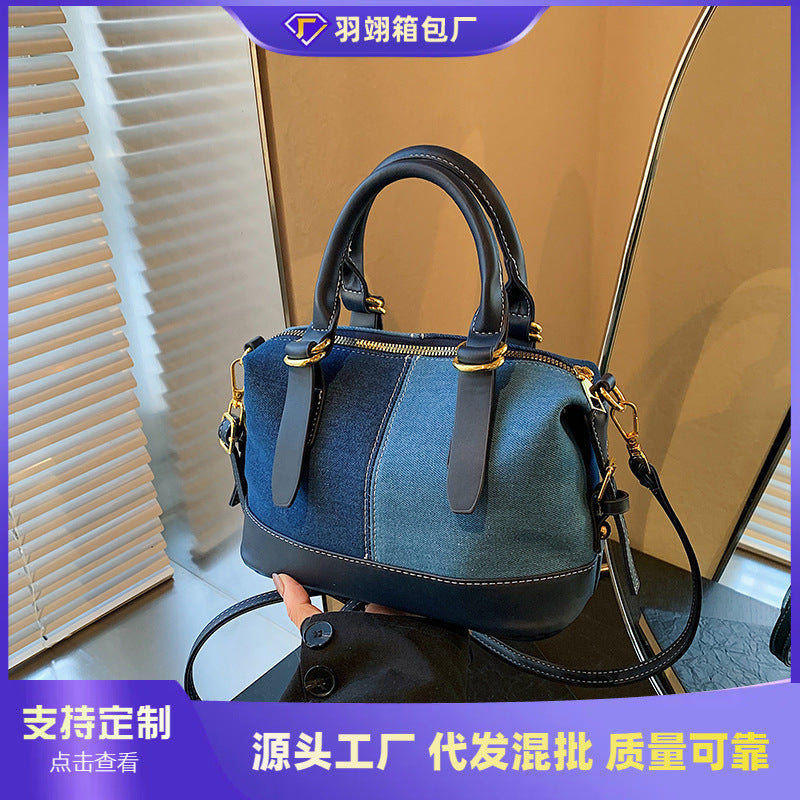 Foreign order denim bag women's versatile 2025 new casual messenger bag contrasting color portable Boston bowling bag