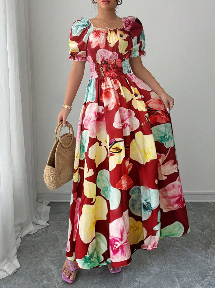 summer  fashion new arrival puff sleeve high waist waist printing women's large swing suspender dress
