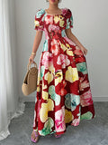 summer  fashion new arrival puff sleeve high waist waist printing women's large swing suspender dress