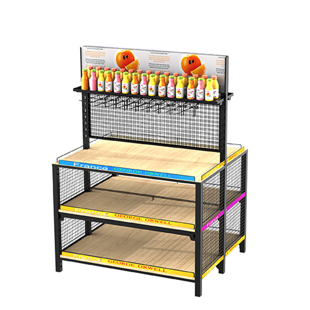 Customized supermarket beverage shelves, iron and wood display racks, beverage drinks, wine, Zhongdao display racks, convenience store beverage racks