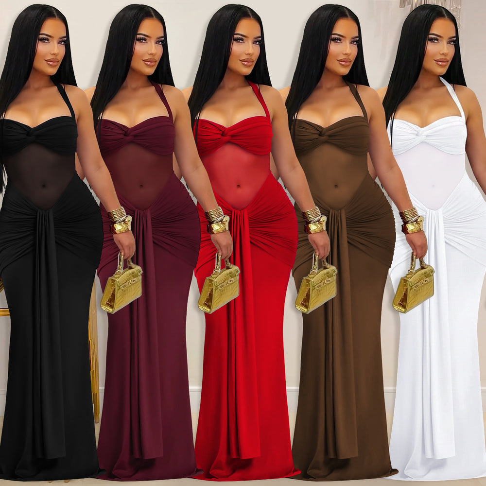 C7608 cross-border   fashion women's sexy see-through mesh halter tie-up dress