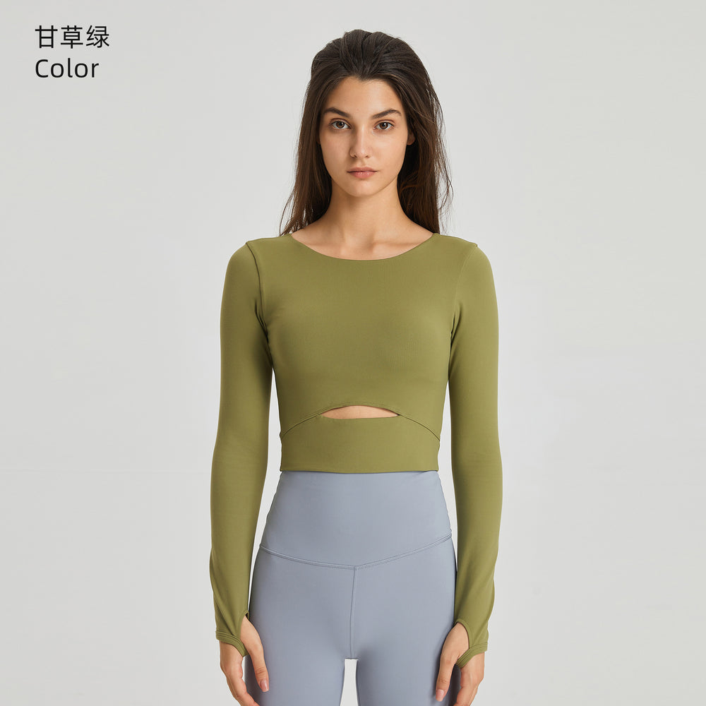 European and american new style padded sports long sleeve t-shirt, fashionable cropped fit, outdoor running slim yoga top for women s2032